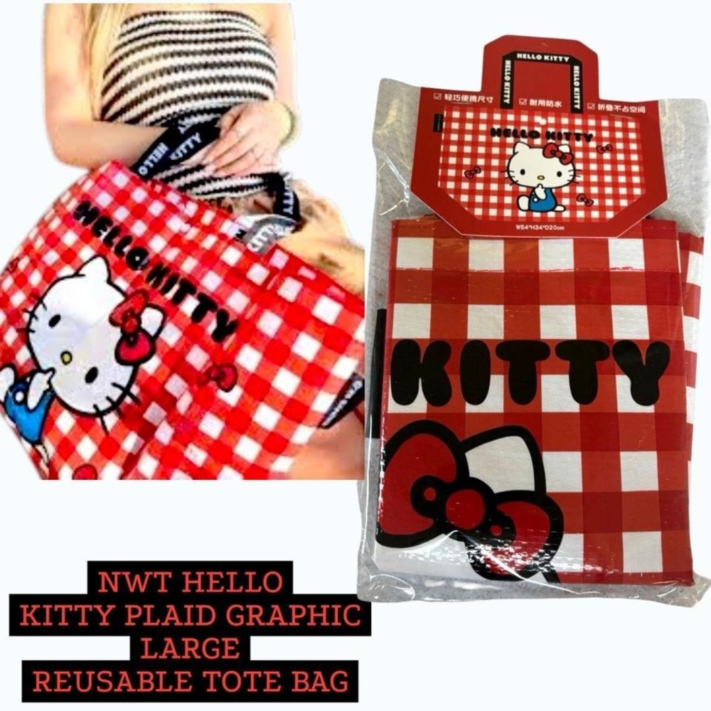 🍎 NWT Hello Kitty Large Plaid Reusable Tote 🍎